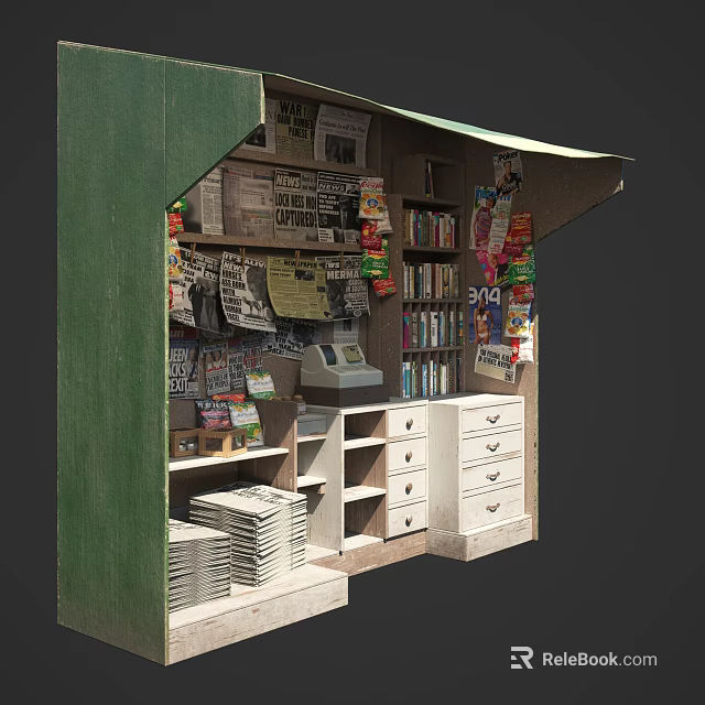 Small Bookstore Kiosk Display With Shelves Of Books Magazines And Newspapers 3d model 