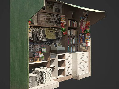 Small Bookstore Kiosk Display With Shelves Of Books Magazines And Newspapers 3d model