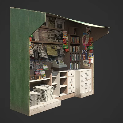 Small Bookstore Kiosk Display With Shelves Of Books Magazines And Newspapers 3d model
