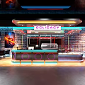 Modern Shop Front Counter With Brick Walls Glass Display Cases Neon Lighting And DELICACY Sign