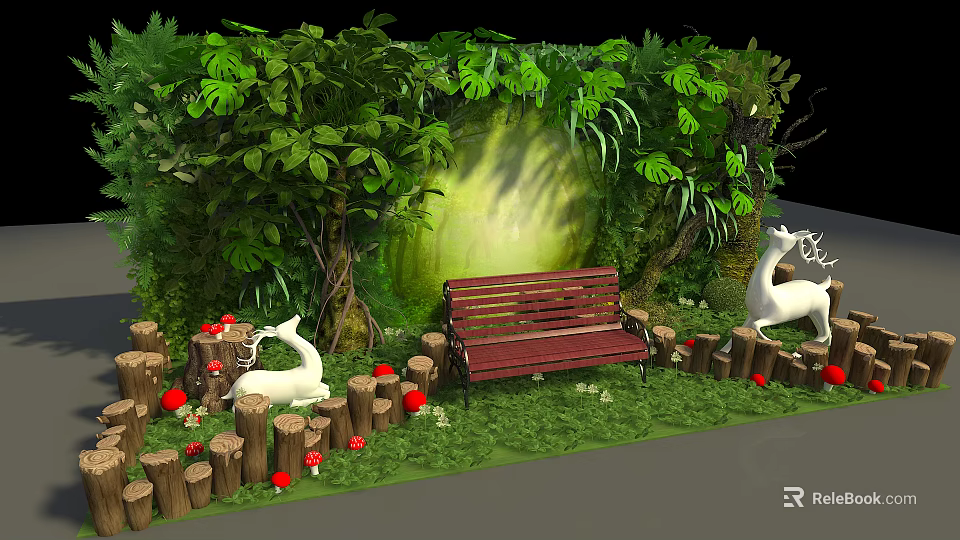 Garden Landscape with Lush Green Plants Vines Wooden Bench Deer Statues and Red Mushrooms 3d model 