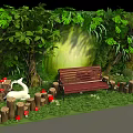Garden Landscape with Lush Green Plants Vines Wooden Bench Deer Statues and Red Mushrooms