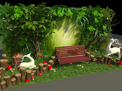Garden Landscape with Lush Green Plants Vines Wooden Bench Deer Statues and Red Mushrooms 3d model