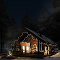 Detached Villa in Snowy Pine Forest with Wooden Structure Large Glass Windows and Smoking Chimney