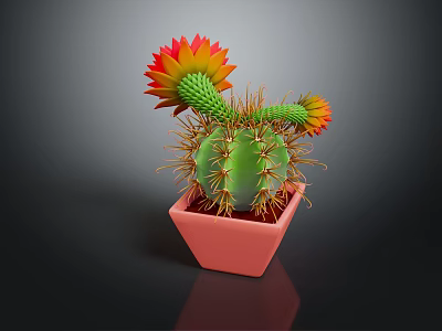 Green Cactus With Yellow And Red Flowers In Pink Decorative Pot 3d model