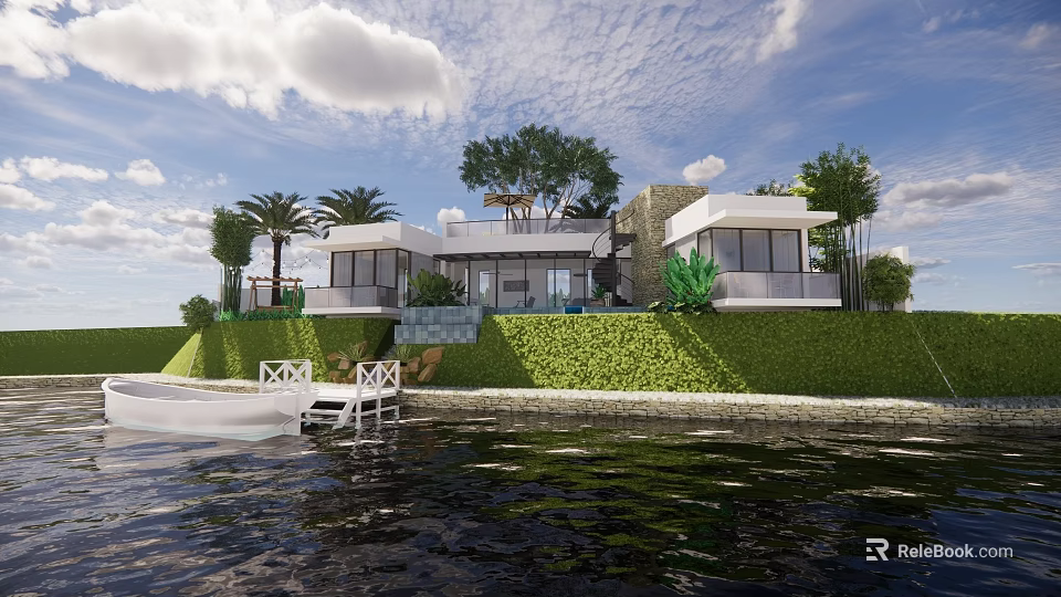 Modern Detached Villa With Waterfront View Lush Greenery And Palm Trees 3d model 