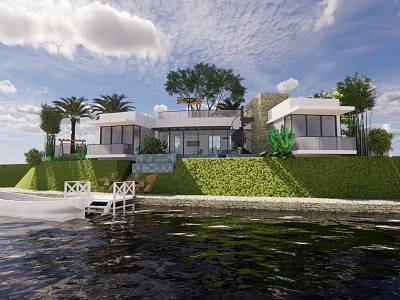 Modern Detached Villa With Waterfront View Lush Greenery And Palm Trees 3d model