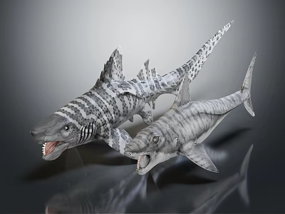 Realistic Striped Prehistoric Fish Models With Sharp Teeth And Open Mouths 3d model