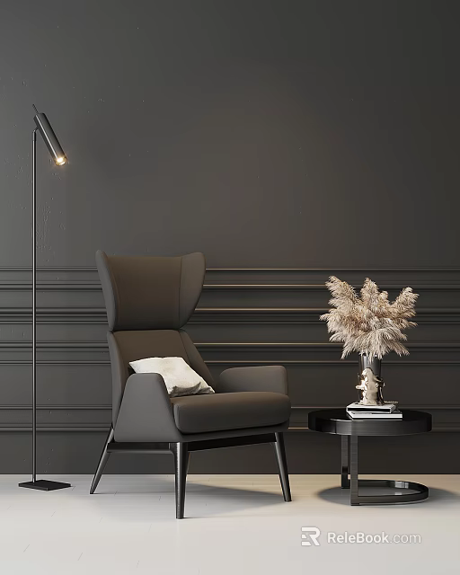 Modern Gray Armchair with Floor Lamp and Side Table Dried Pampas Grass 3d model 