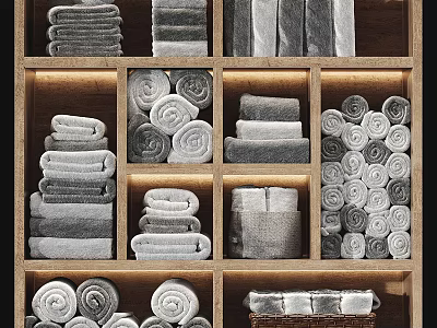 Neatly Arranged Gray And White Towels In Wooden Compartments With Folded And Rolled Styles 3d model