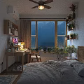 Cozy Kids Room With Mountain View Window Desk Chair Shelves And Green Plants
