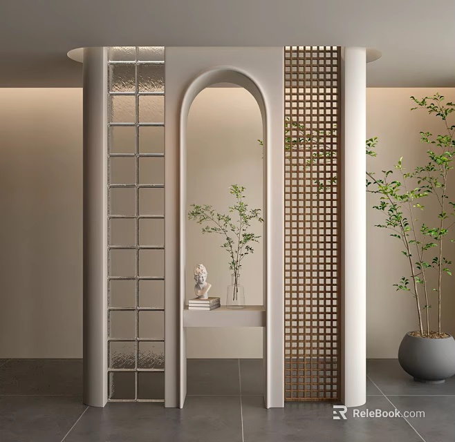 Modern Interior Room Divider With Glass Grid Arched Design And Green Plants 3d model 