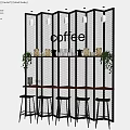 Modern Cafe Interior With Coffee Sign Metal Grid Wall Green Plants Wooden Bar And Black Stools