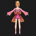 Woman In Pink Kimono Style Outfit With Blue Sash Orange Hair Red Heels