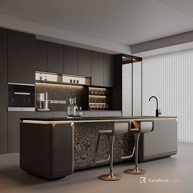 Modern Restaurant Open Kitchen Design With Dark Cabinets Island Counter And Bar Stools 3d model 