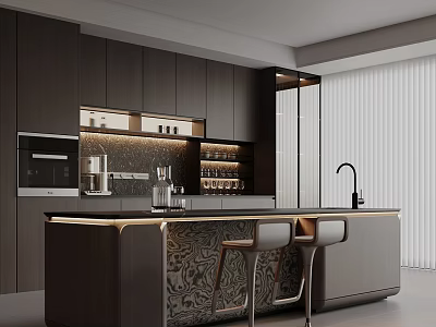 Modern Restaurant Open Kitchen Design With Dark Cabinets Island Counter And Bar Stools 3d model