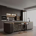 Modern Restaurant Open Kitchen Design With Dark Cabinets Island Counter And Bar Stools