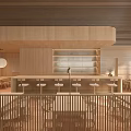 Wooden Modern Restaurant Interior With Bar Counter Dining Tables Natural Lighting And Seating Area