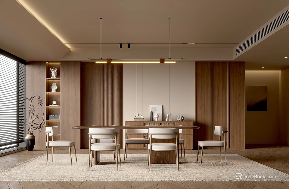 Elegant Modern Restaurant Interior With Wooden Walls Dining Table Chairs And Pendant Lights 3d model 