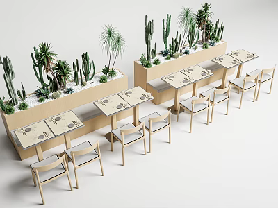 Stylish Modern Booth Sofa With Green Plants Tables And Comfortable Chairs 3d model