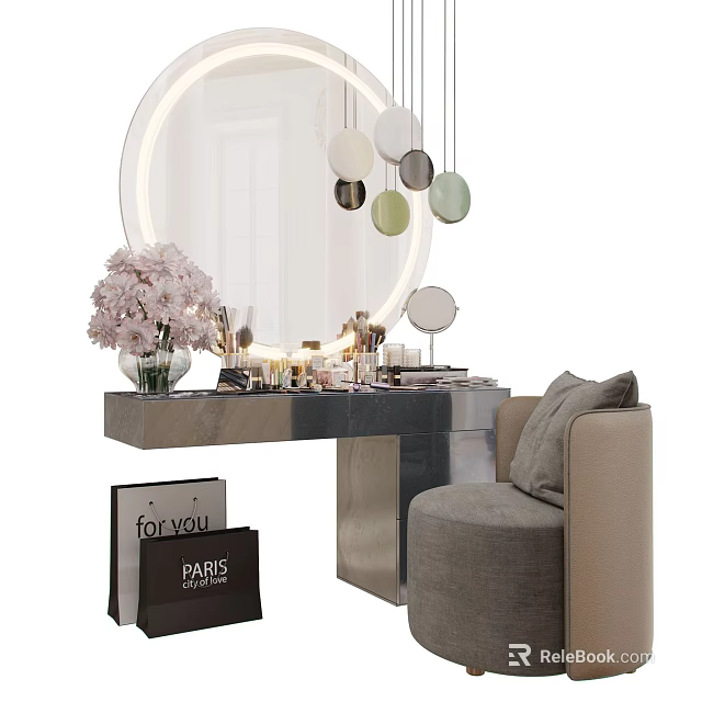 Modern Dressing Table With Round Mirror Hanging Pendant Lights Cosmetics And Pink Flowers 3d model 