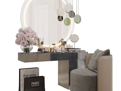 Modern Dressing Table With Round Mirror Hanging Pendant Lights Cosmetics And Pink Flowers 3d model
