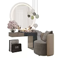 Modern Dressing Table With Round Mirror Hanging Pendant Lights Cosmetics And Pink Flowers