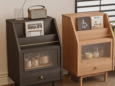 Two Modern Dark And Light Wood Sideboards With Grid Doors And Decorative Top Items 3d model