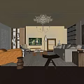 Living Room Interior With Orange And White Sofas Herringbone Wooden Floor Chandelier Wall TV And Wooden Coffee Tables