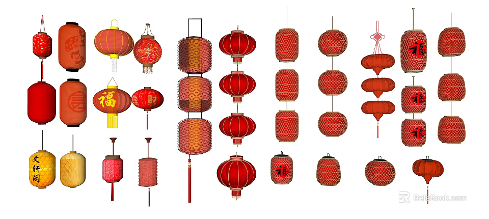 Traditional Red Chinese Lanterns in Various Styles Featuring Fortune Characters 3d model 