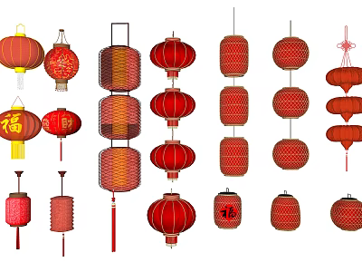 Traditional Red Chinese Lanterns in Various Styles Featuring Fortune Characters 3d model