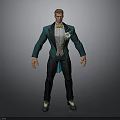 Man In Green Suit With White Shirt Yellow Bow Tie And Badge On Gray Background