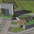 Modern Office Building Complex With High Rise Low Rise Glass Curtain Walls And Open Plaza