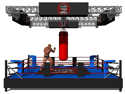 Intense Boxing Training Session With Red Punching Bag In Ring With Blue Ropes 3d model