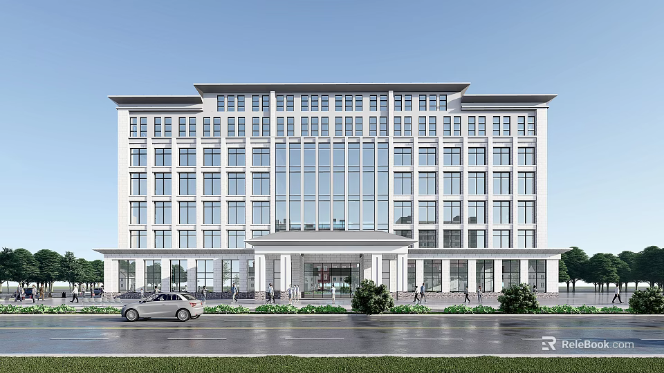 Modern Multi story Office Building With Glass Facade Green Landscaping And Parking 3d model 