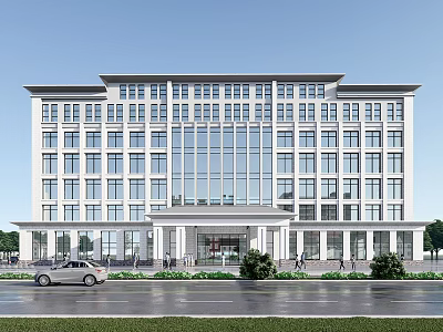 Modern Multi story Office Building With Glass Facade Green Landscaping And Parking 3d model