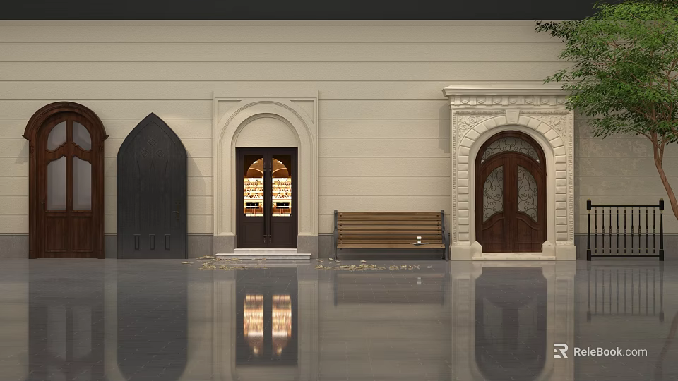 European Architecture Exterior Featuring Various Arched Doors Wooden Bench And Stone Decorations 3d model 