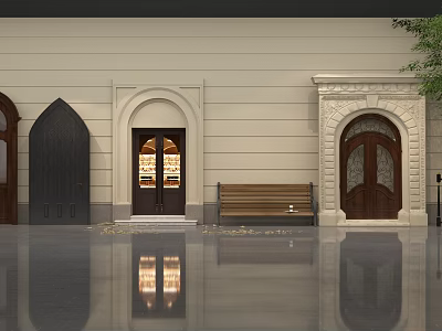 European Architecture Exterior Featuring Various Arched Doors Wooden Bench And Stone Decorations 3d model