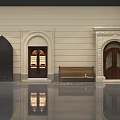 European Architecture Exterior Featuring Various Arched Doors Wooden Bench And Stone Decorations