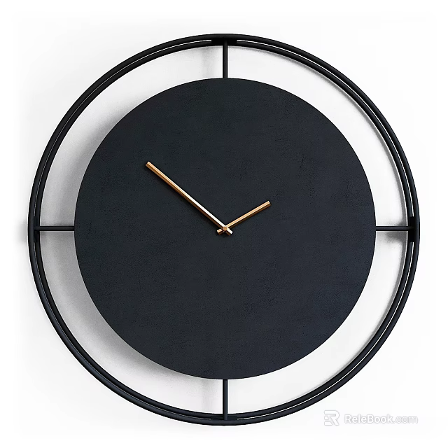 Black Circular Wall Clock With Double Ring Frame And Golden Hands 3d model 