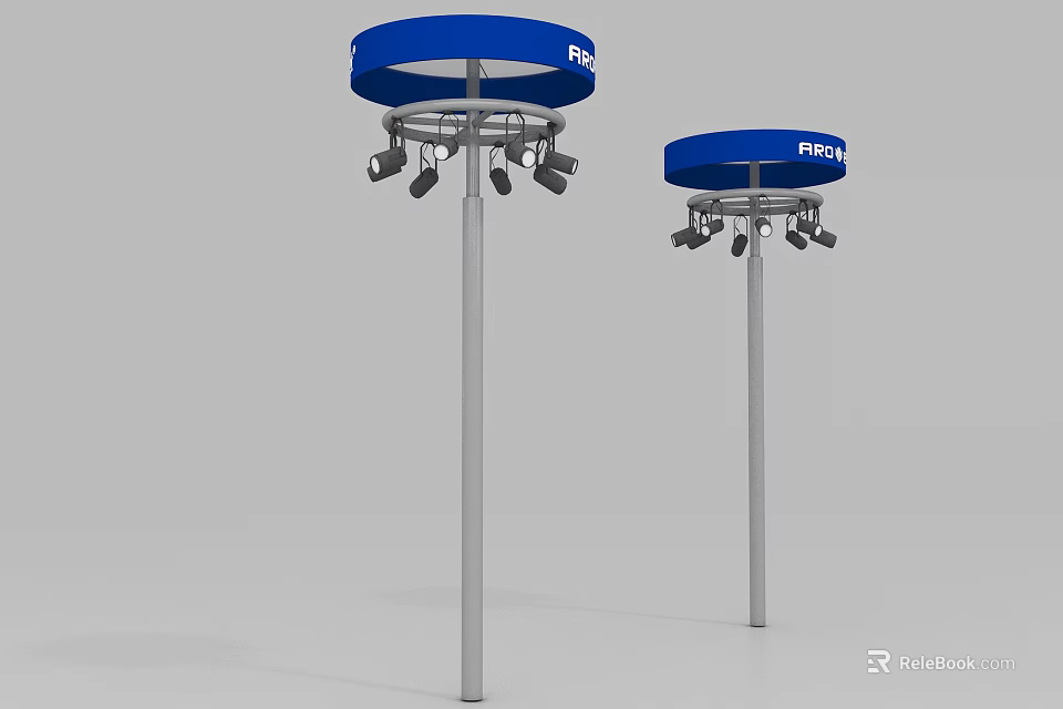 Two Blue Top Downlights Spotlights With Silver Poles For Illumination 3d model