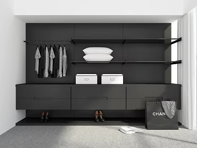 Black Wardrobe With Clothes Hanging Rails Stacked Pillows Drawers Storage Boxes Shoes And CHAIRE Bag 3d model