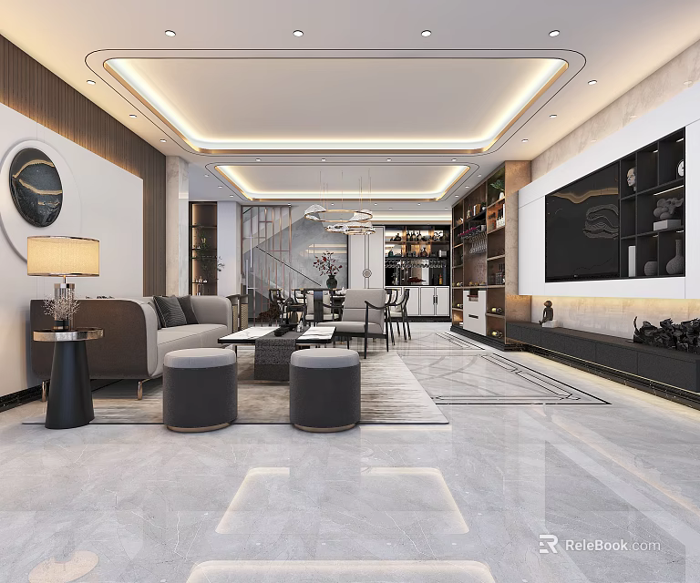 Modern Living Dining Room Interior With Sofa Coffee Table TV Wall And Cabinets 3d model 