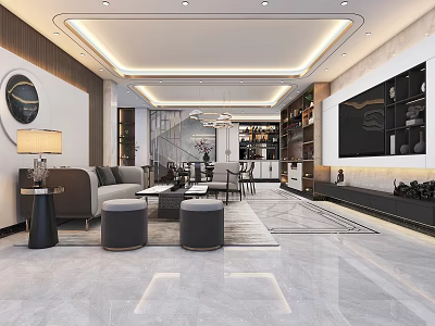 Modern Living Dining Room Interior With Sofa Coffee Table TV Wall And Cabinets 3d model
