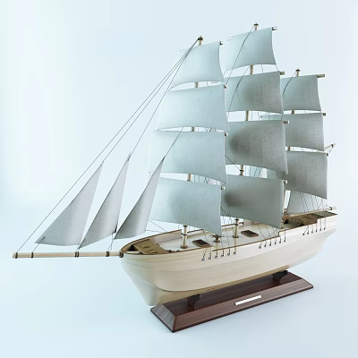 Wooden Sailing Ship Model Decorative Ornament With White Sails And Base 3d model