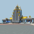 Architectural Model Of Grand Building With Golden Tower Roof Square And Water Channel