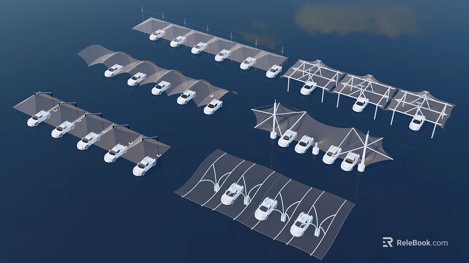 Tensile Membrane Car Parking Structures With Support Frames Covering White Vehicles In Rows 3d model 