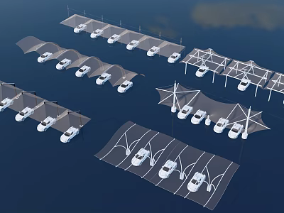 Tensile Membrane Car Parking Structures With Support Frames Covering White Vehicles In Rows 3d model