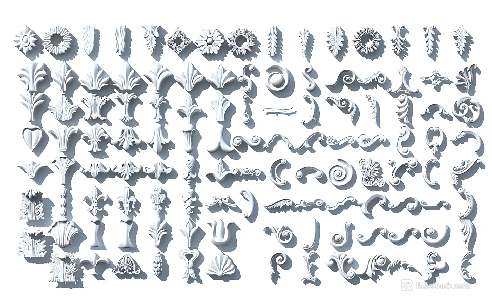 Various Intricate Decorative Carvings With Floral Leaf Scroll And Classic Patterns 3d model 