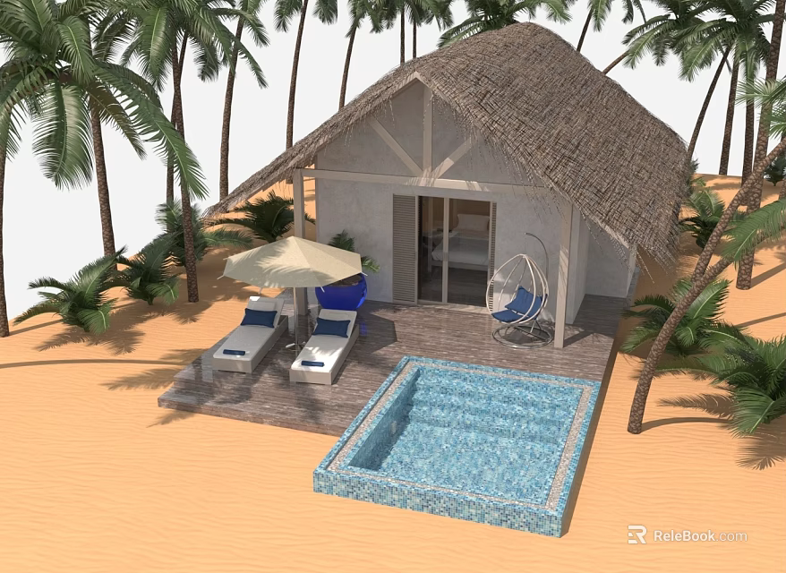 Tropical Palm Trees Surrounding Thatched Roof Hut On Beach With Pool And Lounge Chairs 3d model 